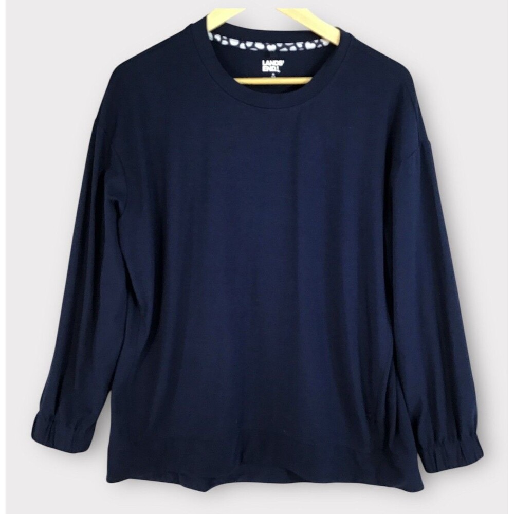 Lands' End Tunic Top Women's Medium 10-12 Navy Blue Long Sleeve Soft Loose Fit - Picture 2 of 12